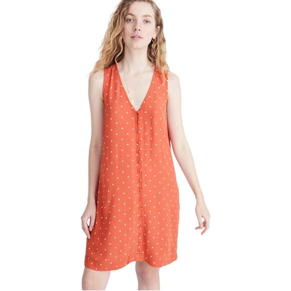 Madewell Women Orange Heather Button-Front Dress Midi Polka Dot Size Medium - Picture 1 of 6